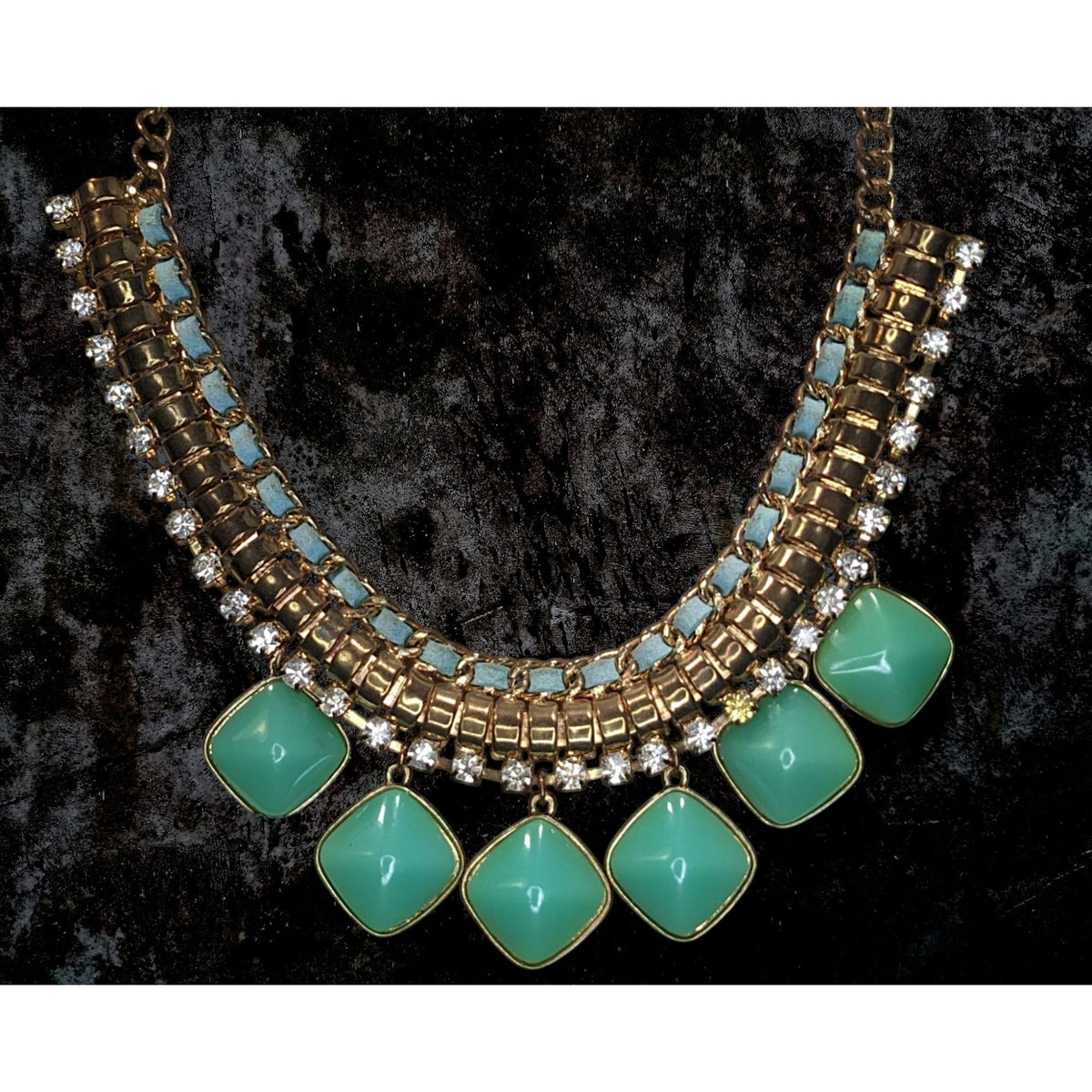 Boho Statement Mixed Metal Green Rhinestone Bib Necklace 16 Inch Worn