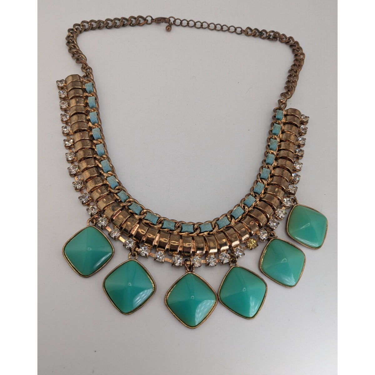 Boho Statement Mixed Metal Green Rhinestone Bib Necklace 16 Inch Worn