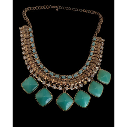 Boho Statement Mixed Metal Green Rhinestone Bib Necklace 16 Inch Worn