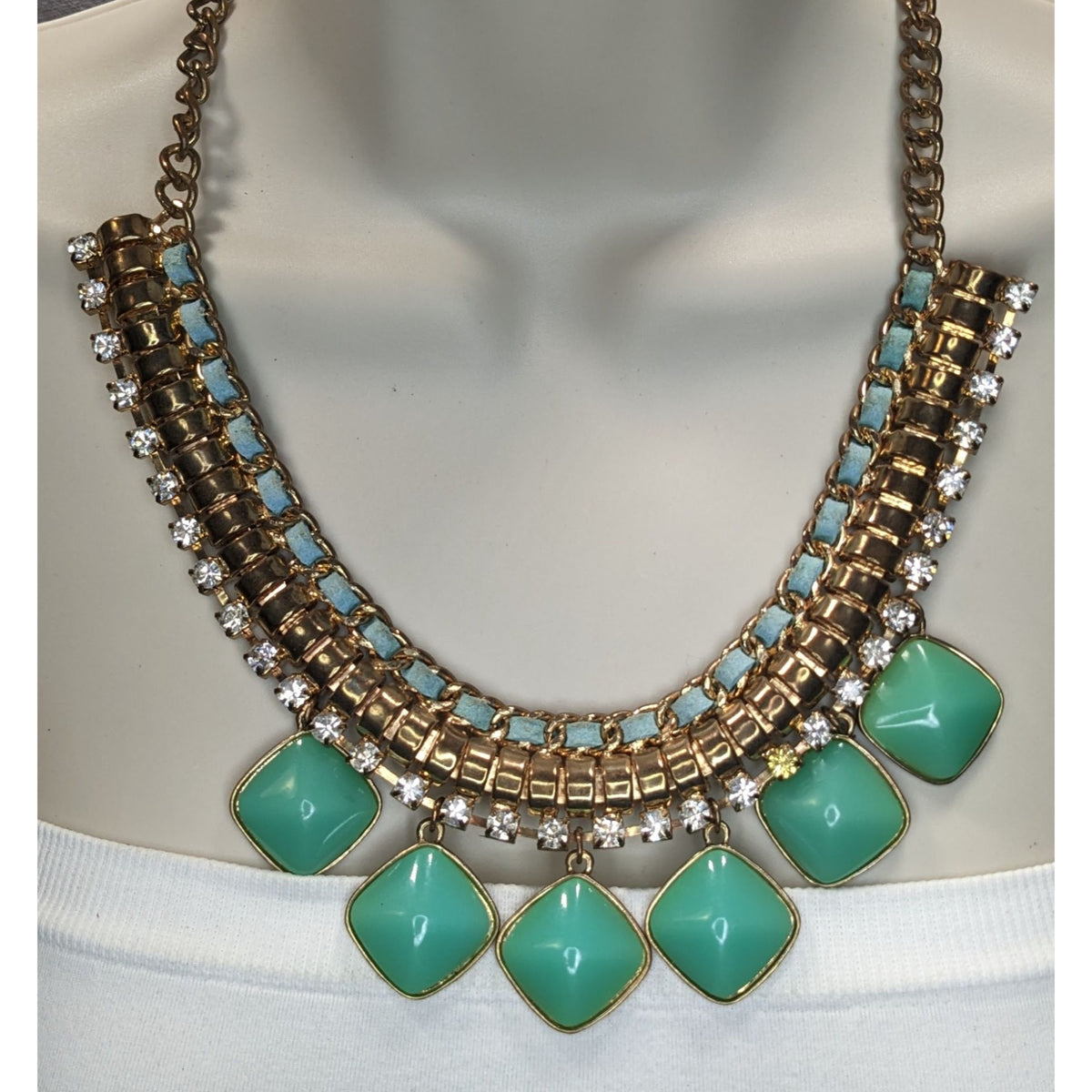 Boho Statement Mixed Metal Green Rhinestone Bib Necklace 16 Inch Worn