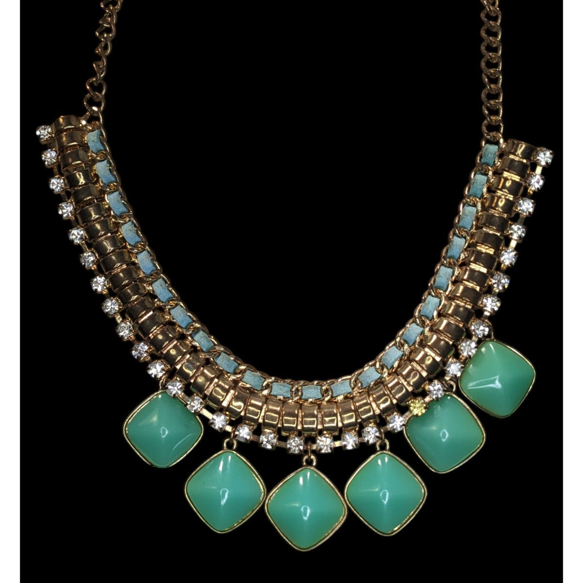 Boho Statement Mixed Metal Green Rhinestone Bib Necklace 16 Inch Worn