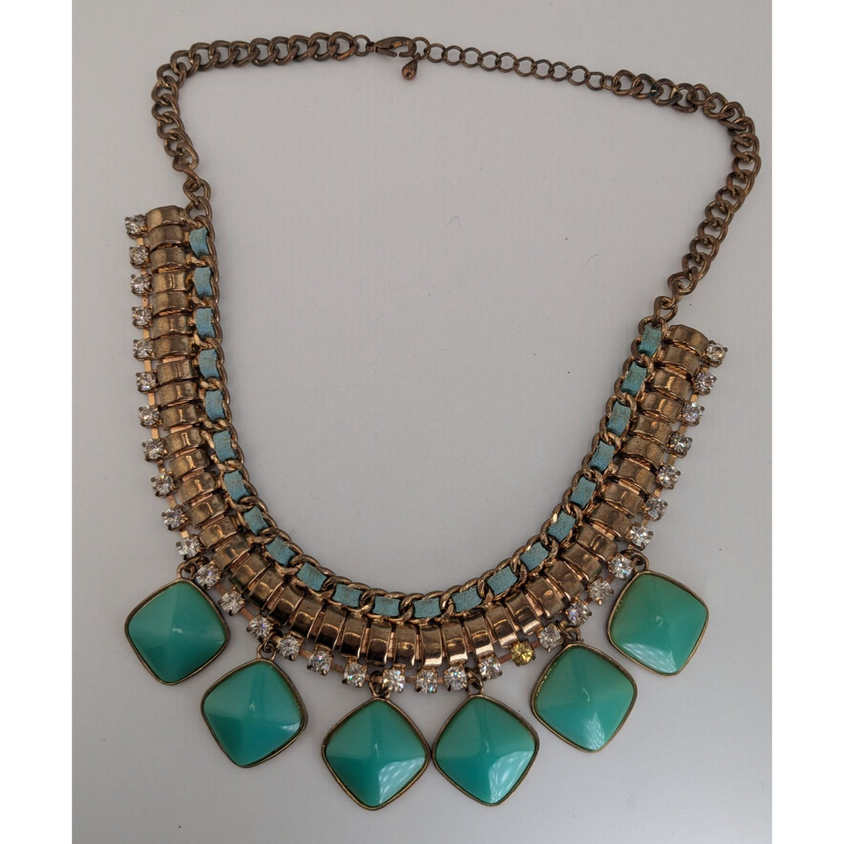 Boho Statement Mixed Metal Green Rhinestone Bib Necklace 16 Inch Worn