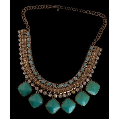 Boho Statement Mixed Metal Green Rhinestone Bib Necklace 16 Inch Worn