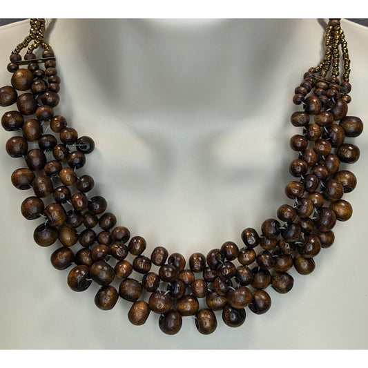 Handmade Wood Beaded Bib Necklace Brown Gold Tone Tribal Statement Jewelry