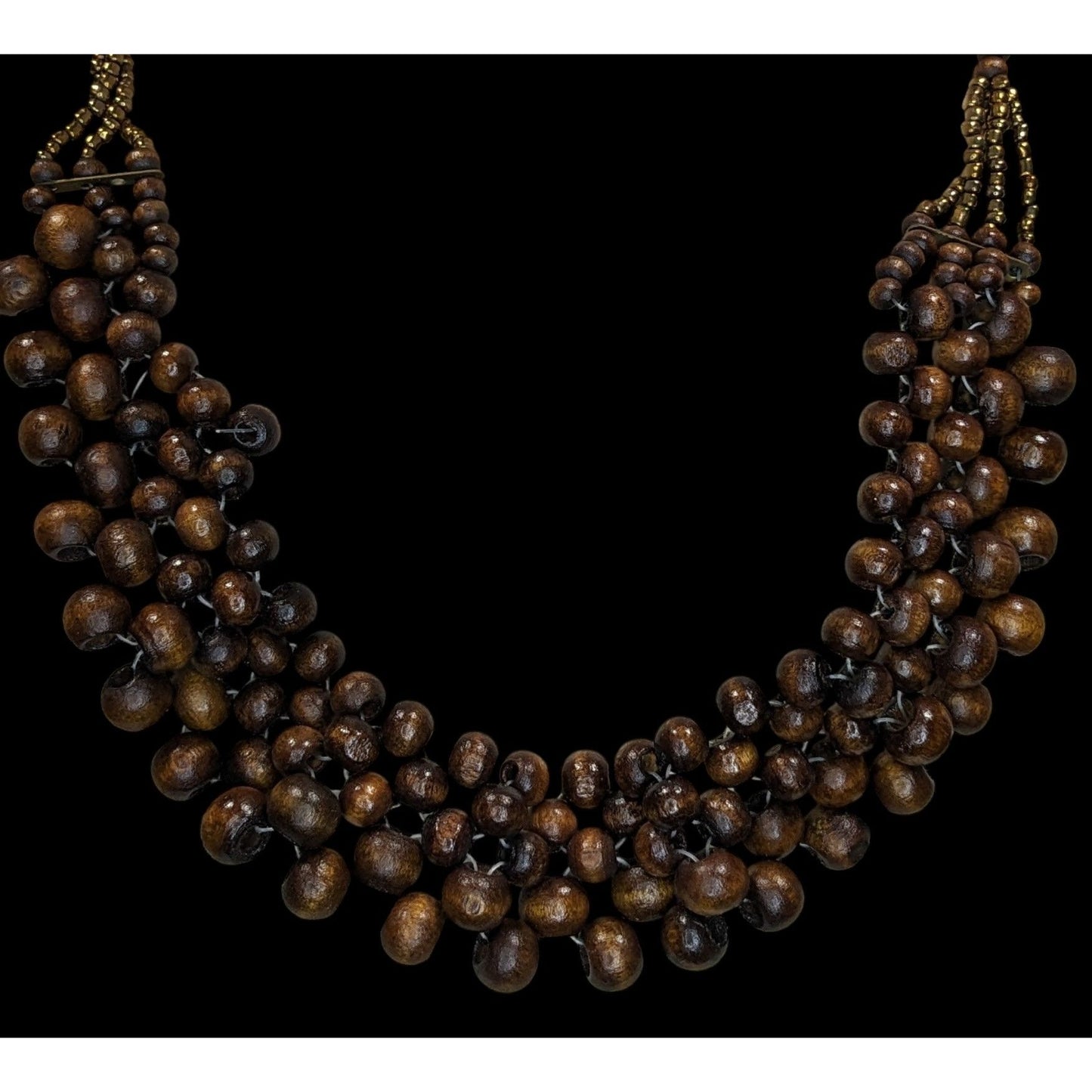 Handmade Wood Beaded Bib Necklace Brown Gold Tone Tribal Statement Jewelry