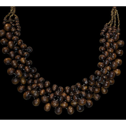 Handmade Wood Beaded Bib Necklace Brown Gold Tone Tribal Statement Jewelry
