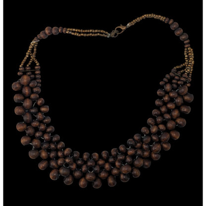 Handmade Wood Beaded Bib Necklace Brown Gold Tone Tribal Statement Jewelry