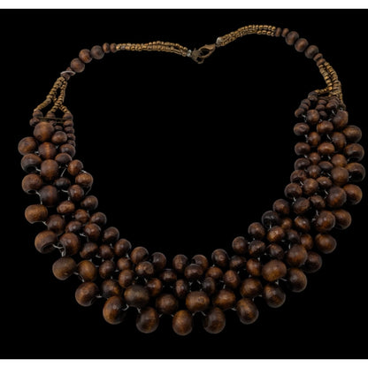 Handmade Wood Beaded Bib Necklace Brown Gold Tone Tribal Statement Jewelry