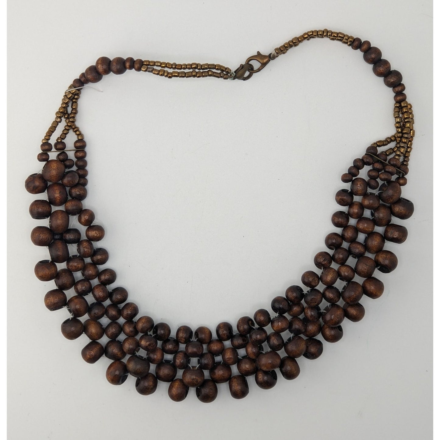 Handmade Wood Beaded Bib Necklace Brown Gold Tone Tribal Statement Jewelry
