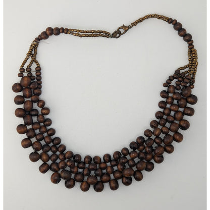Handmade Wood Beaded Bib Necklace Brown Gold Tone Tribal Statement Jewelry