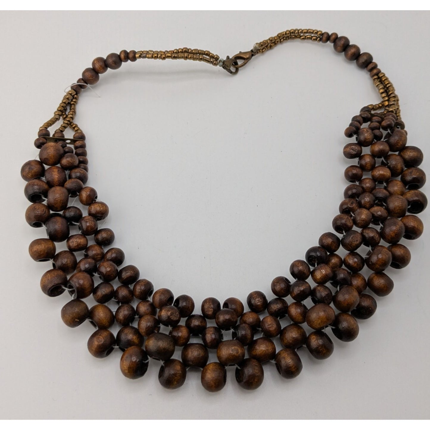 Handmade Wood Beaded Bib Necklace Brown Gold Tone Tribal Statement Jewelry