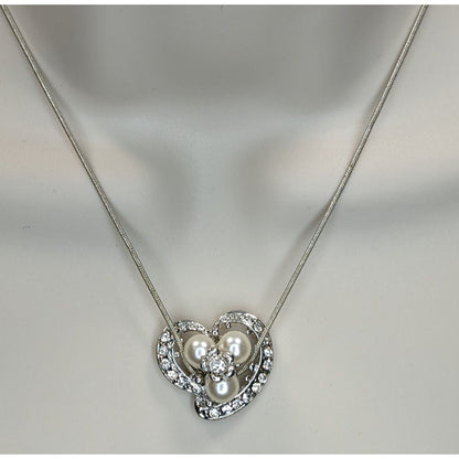 Fairycore Heart Pendant Necklace Faux Pearls Rhinestones Flower Silver Glam