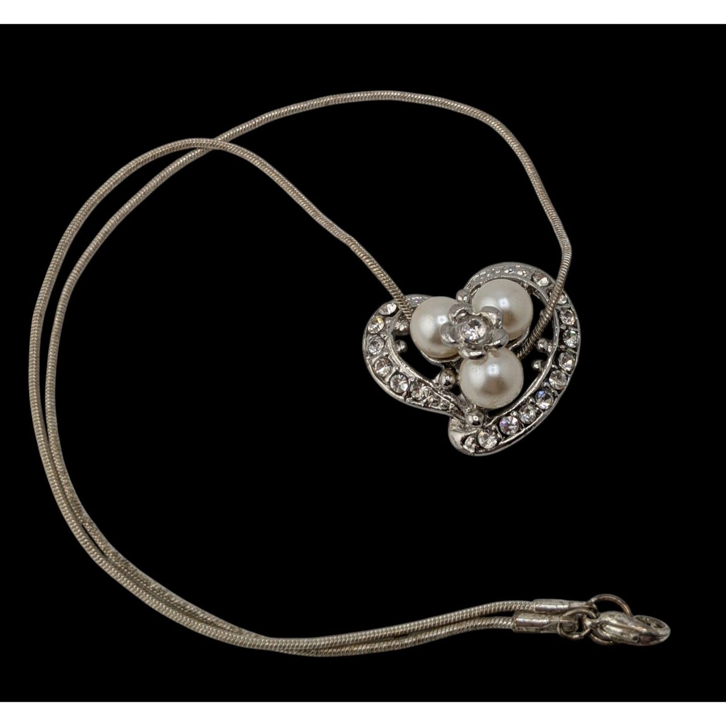 Fairycore Heart Pendant Necklace Faux Pearls Rhinestones Flower Silver Glam