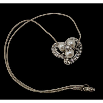 Fairycore Heart Pendant Necklace Faux Pearls Rhinestones Flower Silver Glam