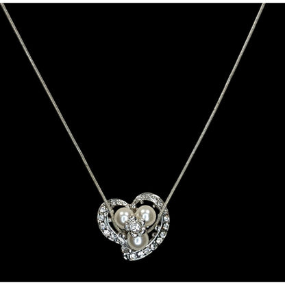 Fairycore Heart Pendant Necklace Faux Pearls Rhinestones Flower Silver Glam