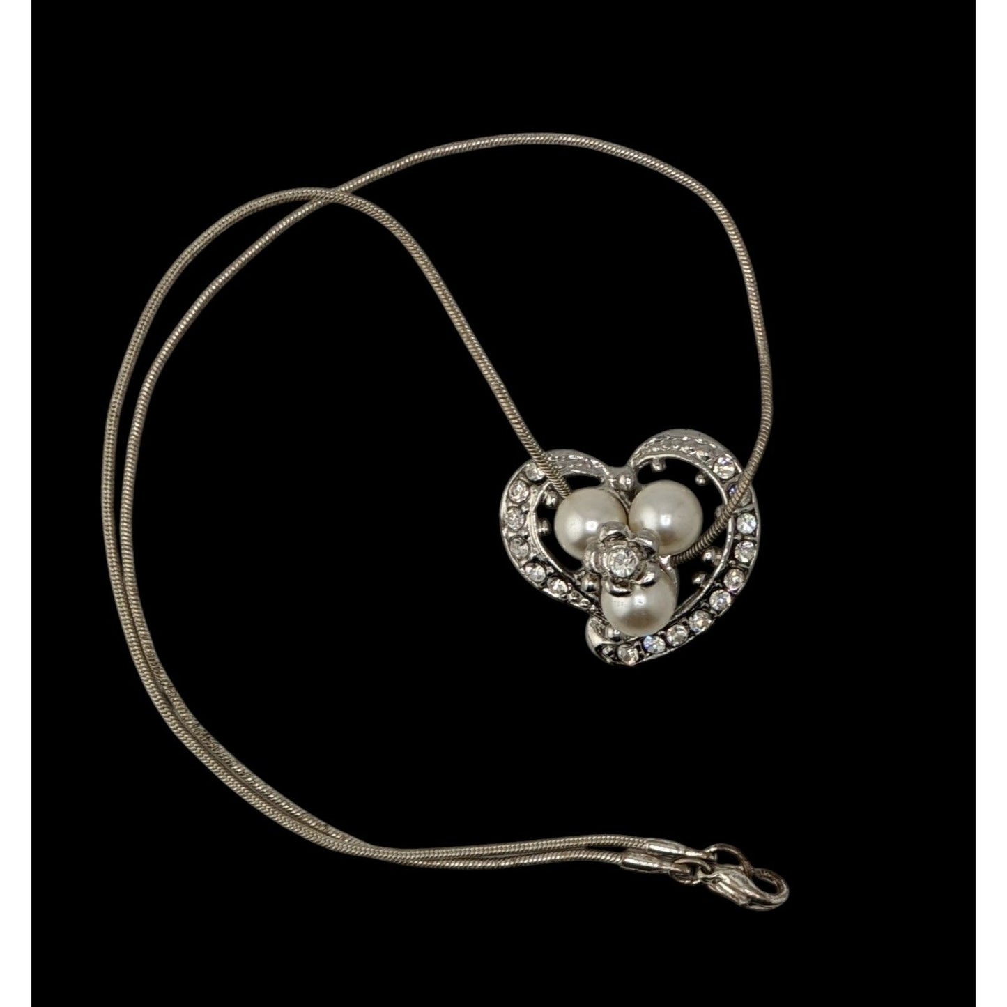 Fairycore Heart Pendant Necklace Faux Pearls Rhinestones Flower Silver Glam
