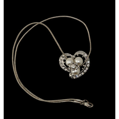 Fairycore Heart Pendant Necklace Faux Pearls Rhinestones Flower Silver Glam