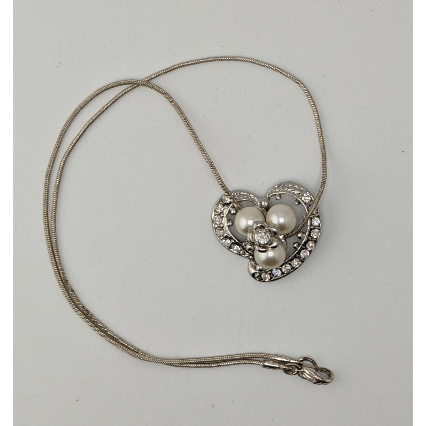 Fairycore Heart Pendant Necklace Faux Pearls Rhinestones Flower Silver Glam