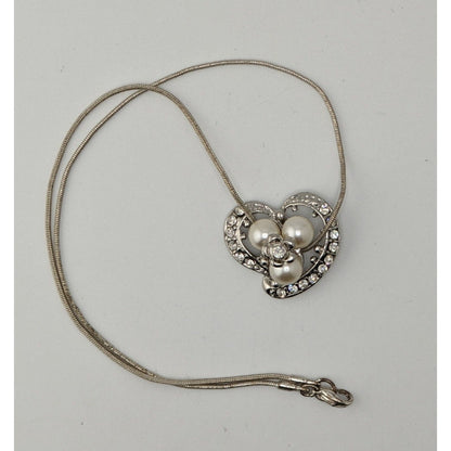 Fairycore Heart Pendant Necklace Faux Pearls Rhinestones Flower Silver Glam