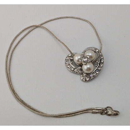 Fairycore Heart Pendant Necklace Faux Pearls Rhinestones Flower Silver Glam