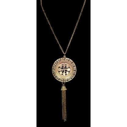 Gold Filigree Medallion Tassel Necklace Boho Statement Pendant Long Chain Necklace
