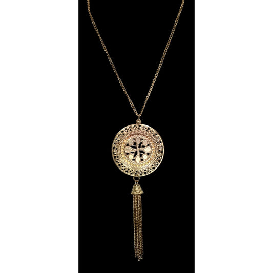 Gold Filigree Medallion Tassel Necklace Boho Statement Pendant Long Chain Necklace