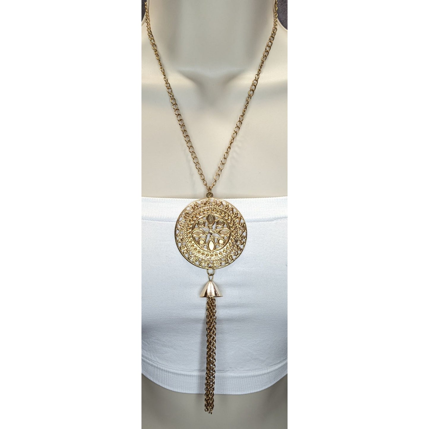 Gold Filigree Medallion Tassel Necklace Boho Statement Pendant Long Chain Necklace