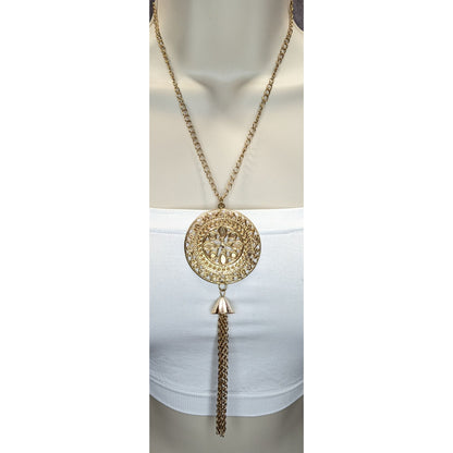 Gold Filigree Medallion Tassel Necklace Boho Statement Pendant Long Chain Necklace