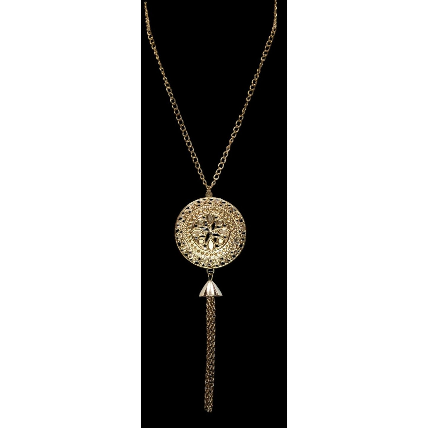 Gold Filigree Medallion Tassel Necklace Boho Statement Pendant Long Chain Necklace