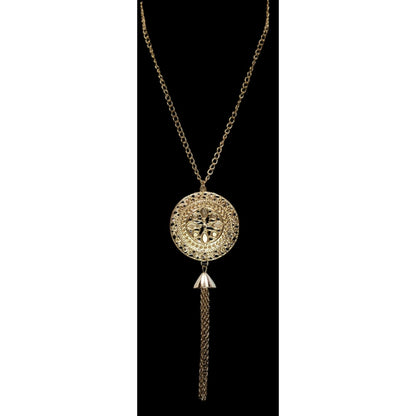 Gold Filigree Medallion Tassel Necklace Boho Statement Pendant Long Chain Necklace