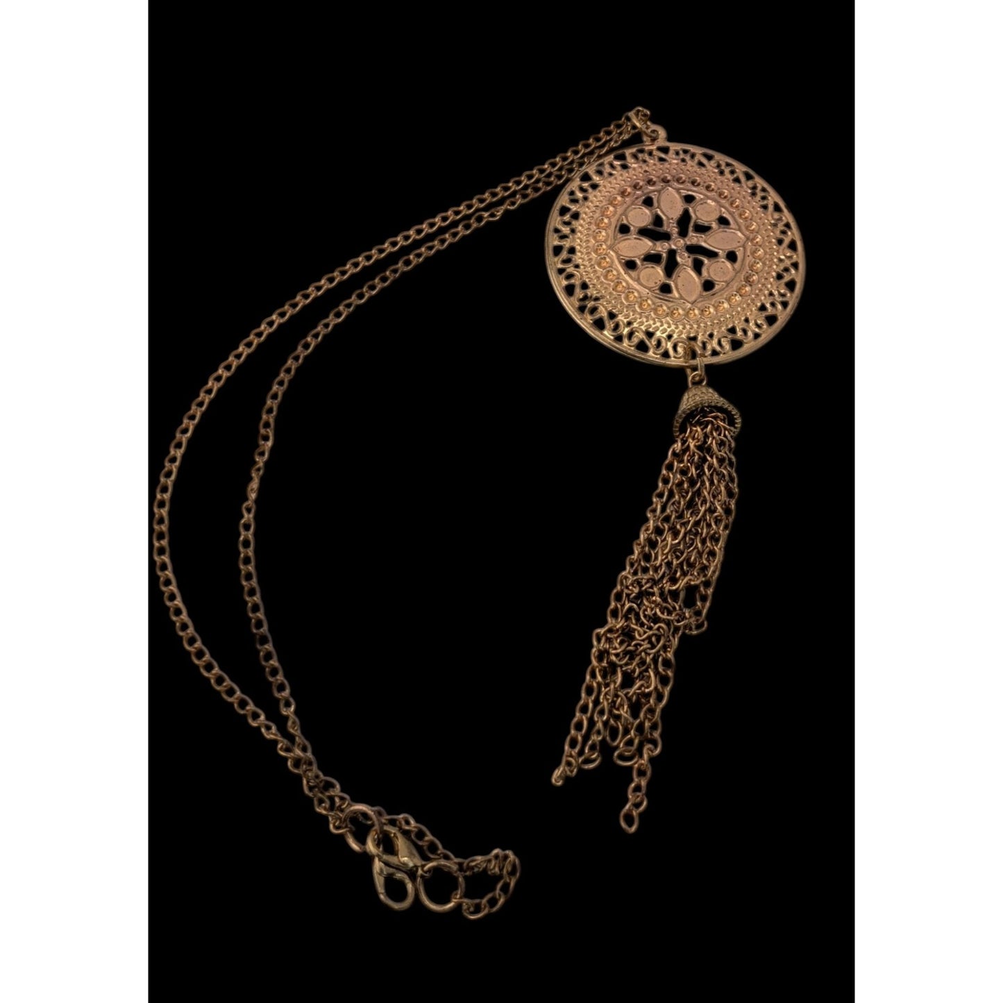 Gold Filigree Medallion Tassel Necklace Boho Statement Pendant Long Chain Necklace
