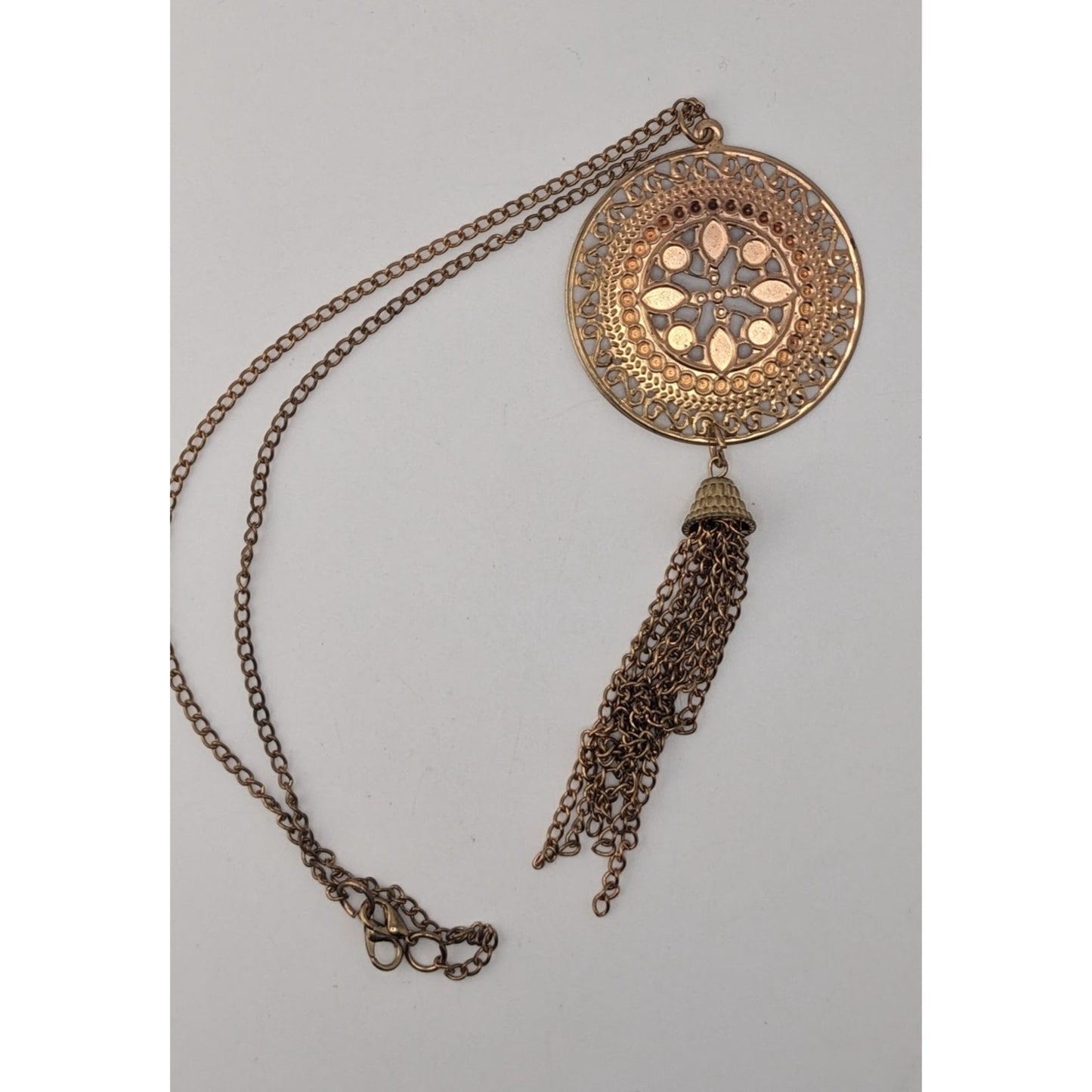 Gold Filigree Medallion Tassel Necklace Boho Statement Pendant Long Chain Necklace