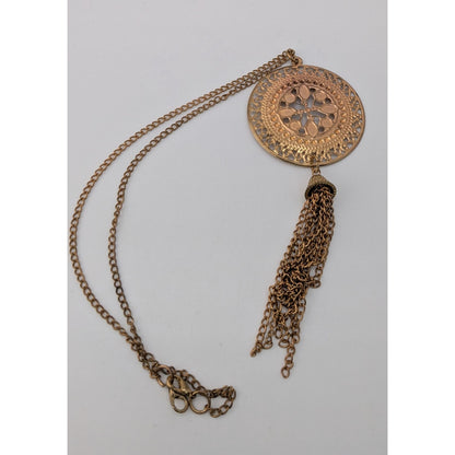 Gold Filigree Medallion Tassel Necklace Boho Statement Pendant Long Chain Necklace