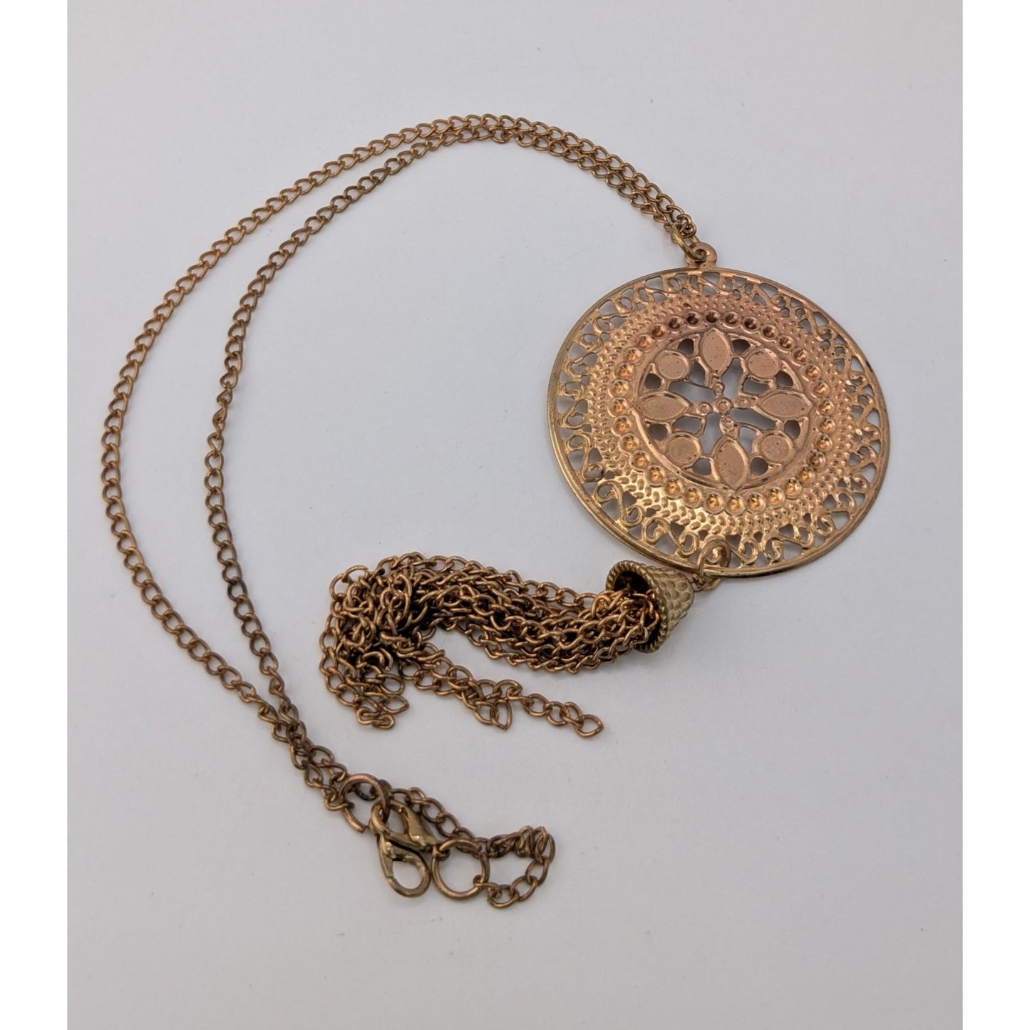 Gold Filigree Medallion Tassel Necklace Boho Statement Pendant Long Chain Necklace