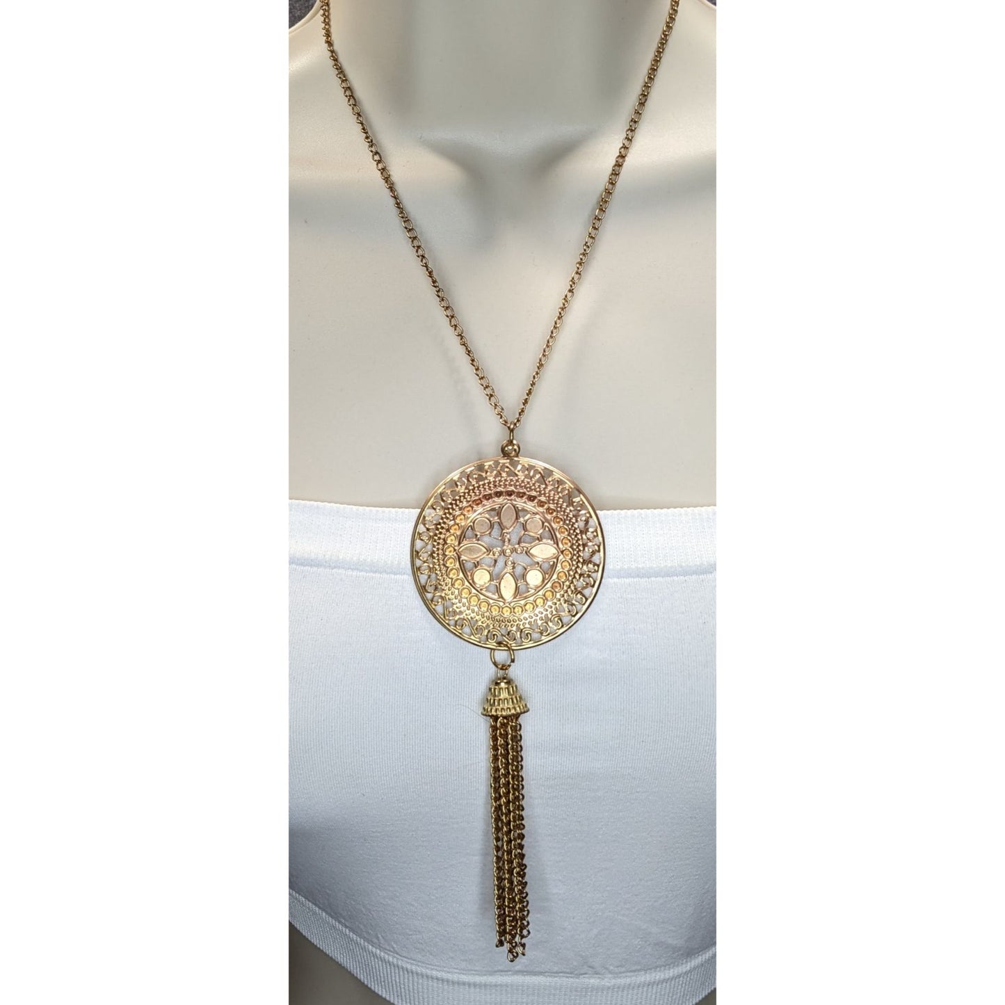 Gold Filigree Medallion Tassel Necklace Boho Statement Pendant Long Chain Necklace