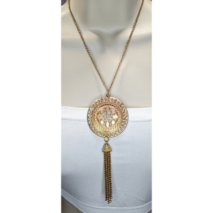 Gold Filigree Medallion Tassel Necklace Boho Statement Pendant Long Chain Necklace