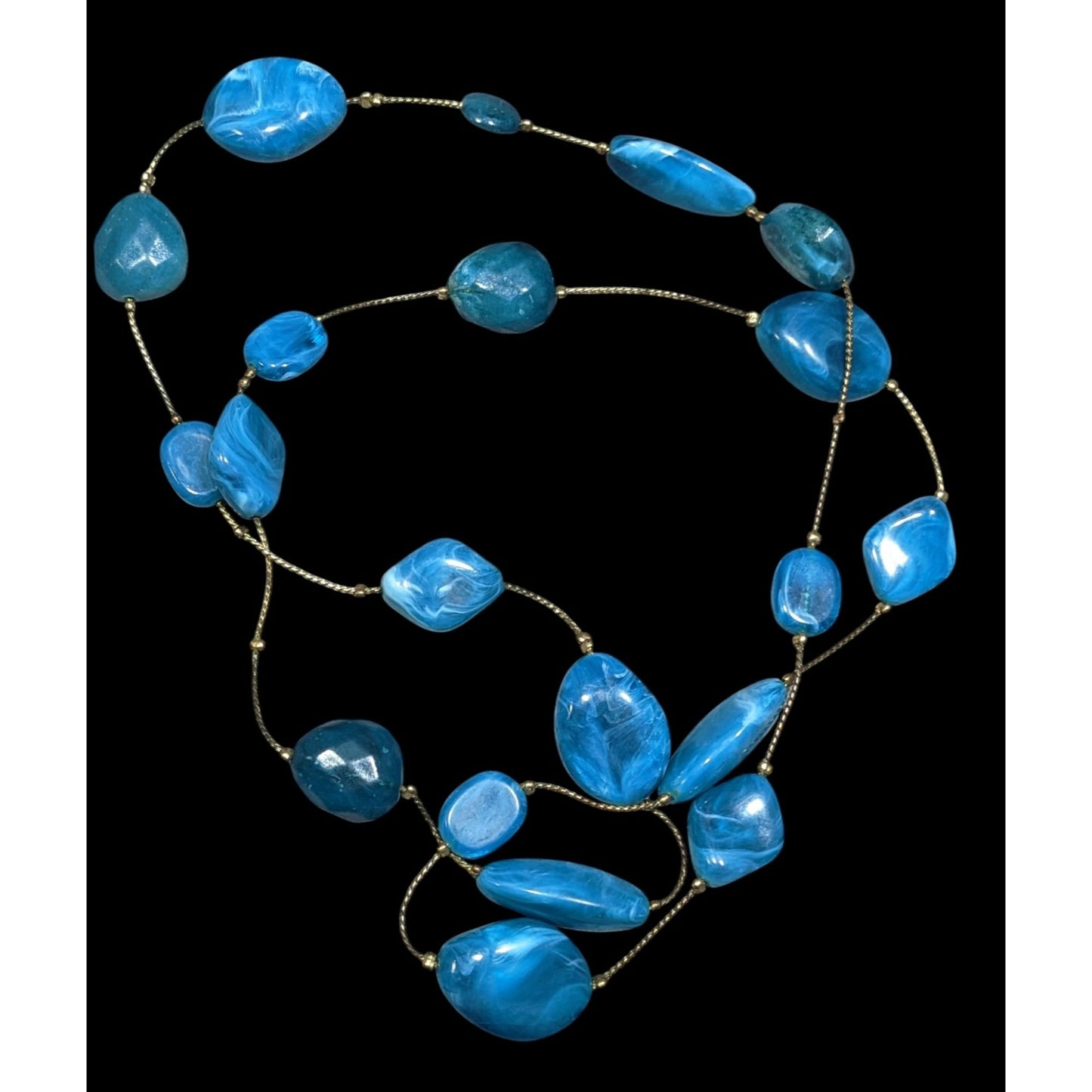 Swirly Blue Faux Stone Station Necklace On Gold Tone Chain