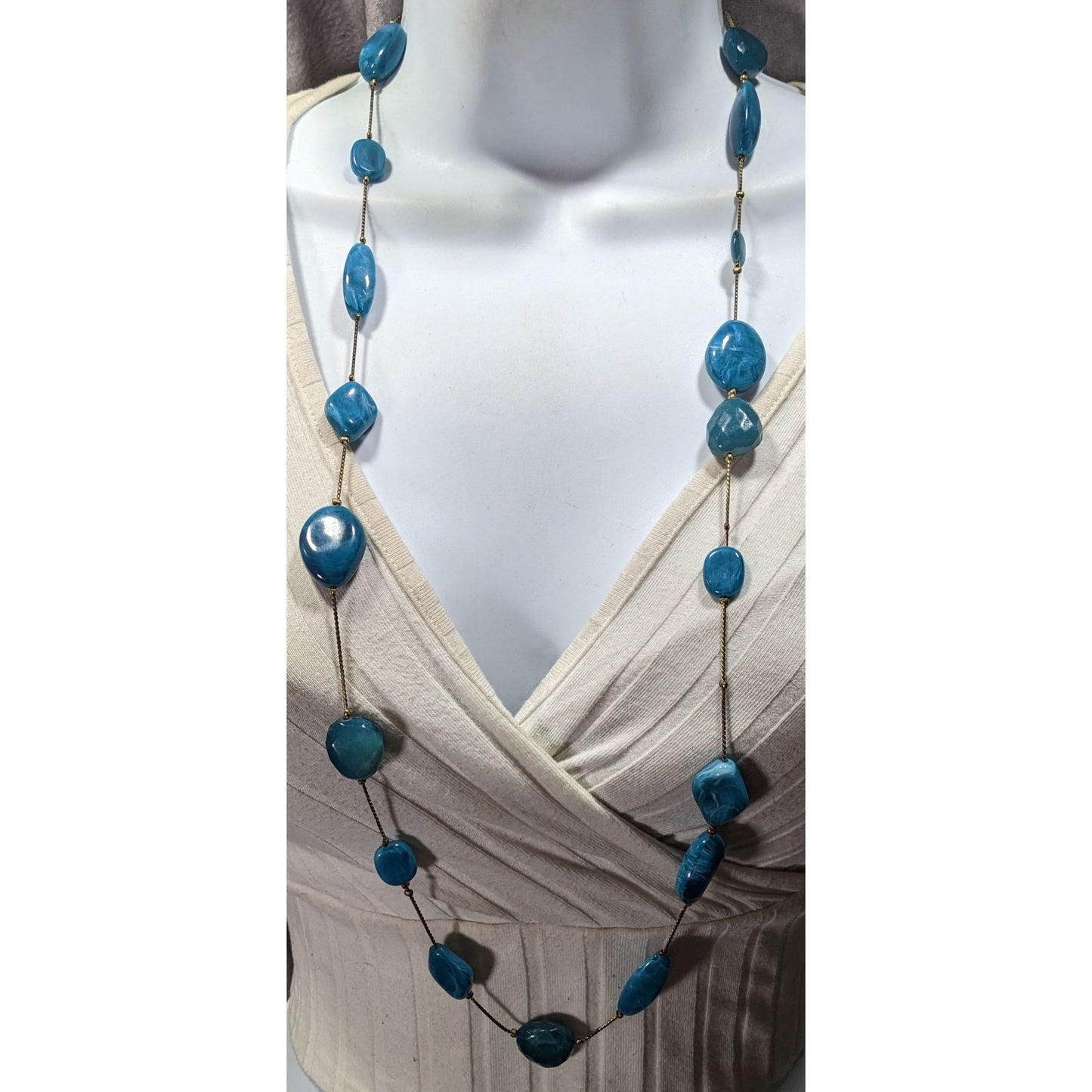 Swirly Blue Faux Stone Station Necklace On Gold Tone Chain