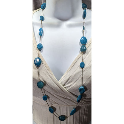 Swirly Blue Faux Stone Station Necklace On Gold Tone Chain