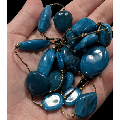 Swirly Blue Faux Stone Station Necklace On Gold Tone Chain