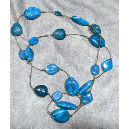 Swirly Blue Faux Stone Station Necklace On Gold Tone Chain