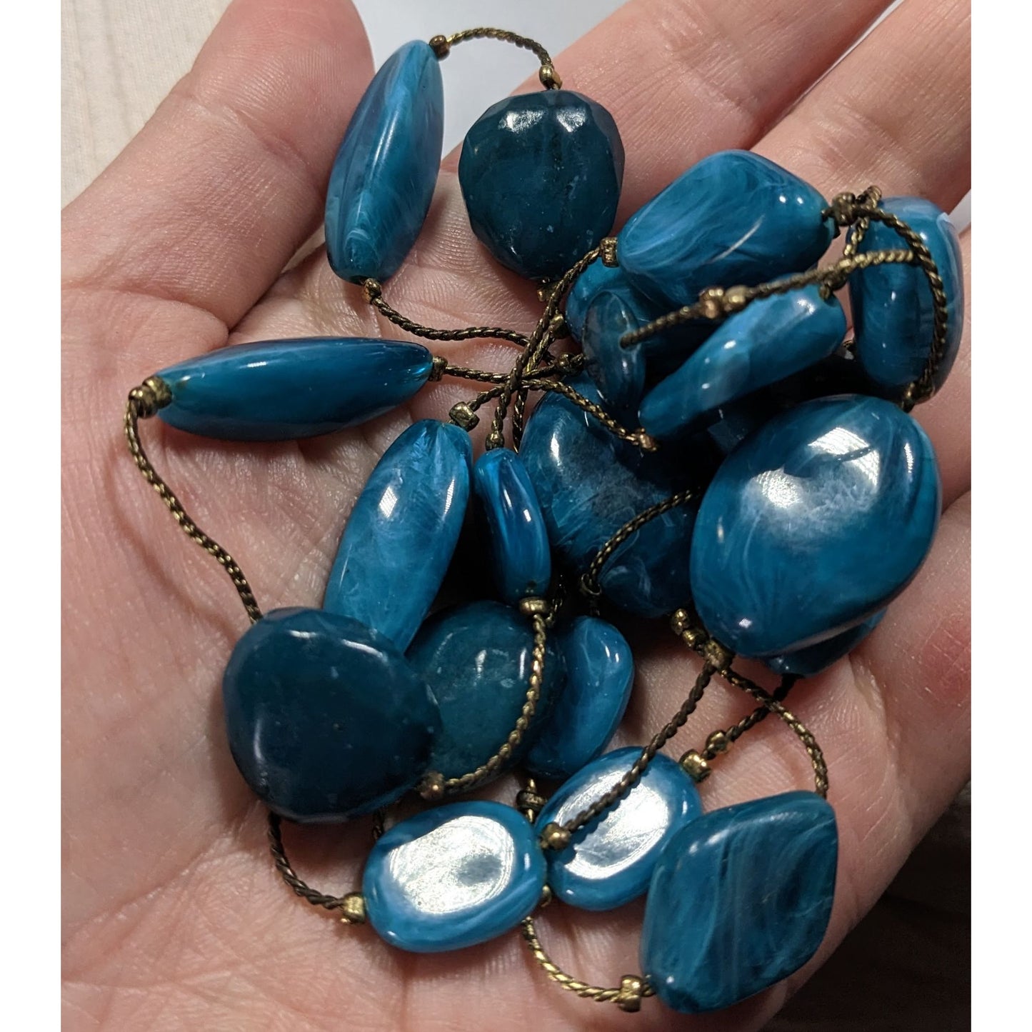 Swirly Blue Faux Stone Station Necklace On Gold Tone Chain