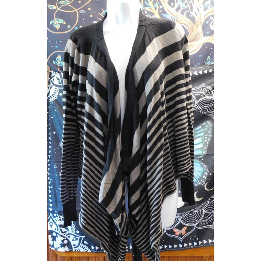 Calvin Klein Black And Grey Striped Asymmetrical Flyaway Cardigan