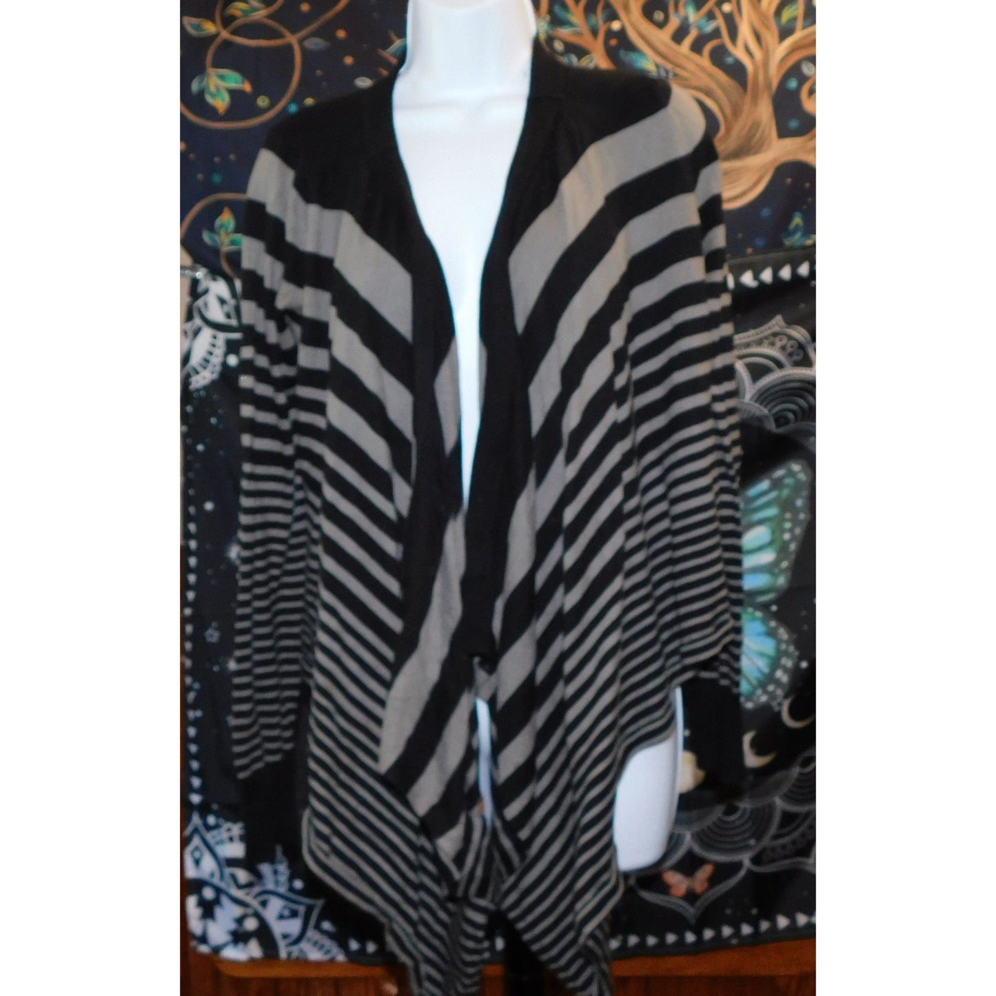 Calvin Klein Black And Grey Striped Asymmetrical Flyaway Cardigan