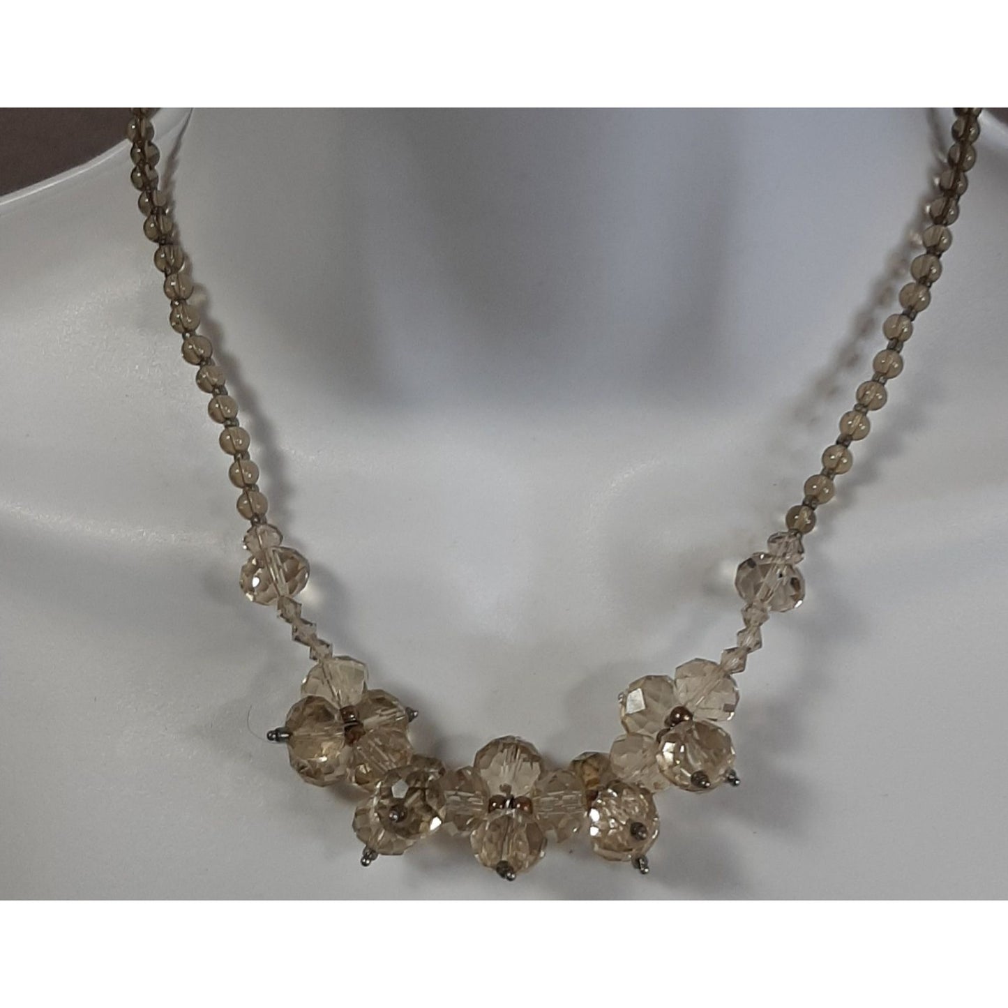 Vintage Smoky Glass Beaded Necklace With Cluster Accents