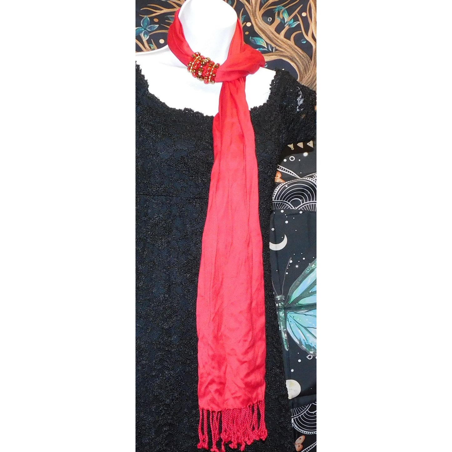 Elegant Red Rayon Scarf With Beaded Ring Accents & Fringe