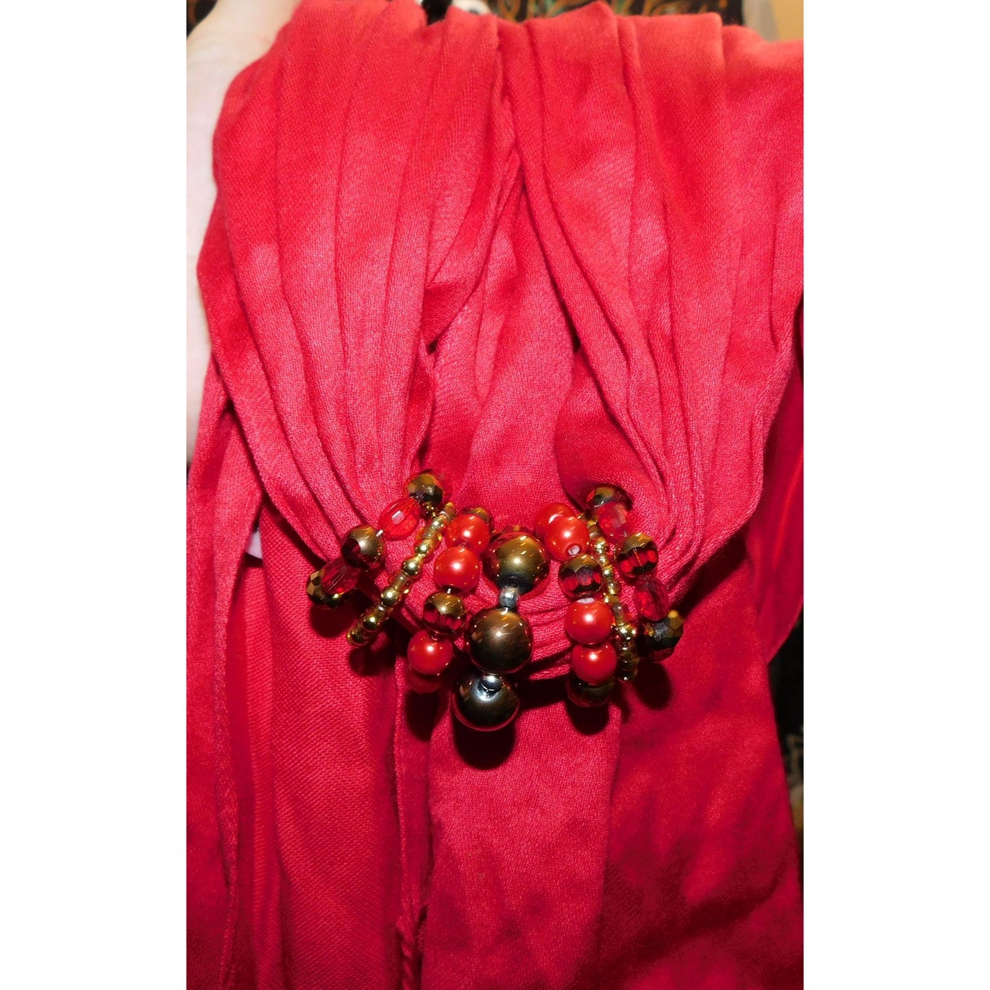 Elegant Red Rayon Scarf With Beaded Ring Accents & Fringe