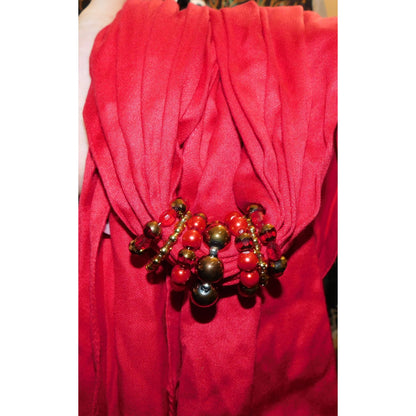 Elegant Red Rayon Scarf With Beaded Ring Accents & Fringe