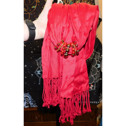 Elegant Red Rayon Scarf With Beaded Ring Accents & Fringe