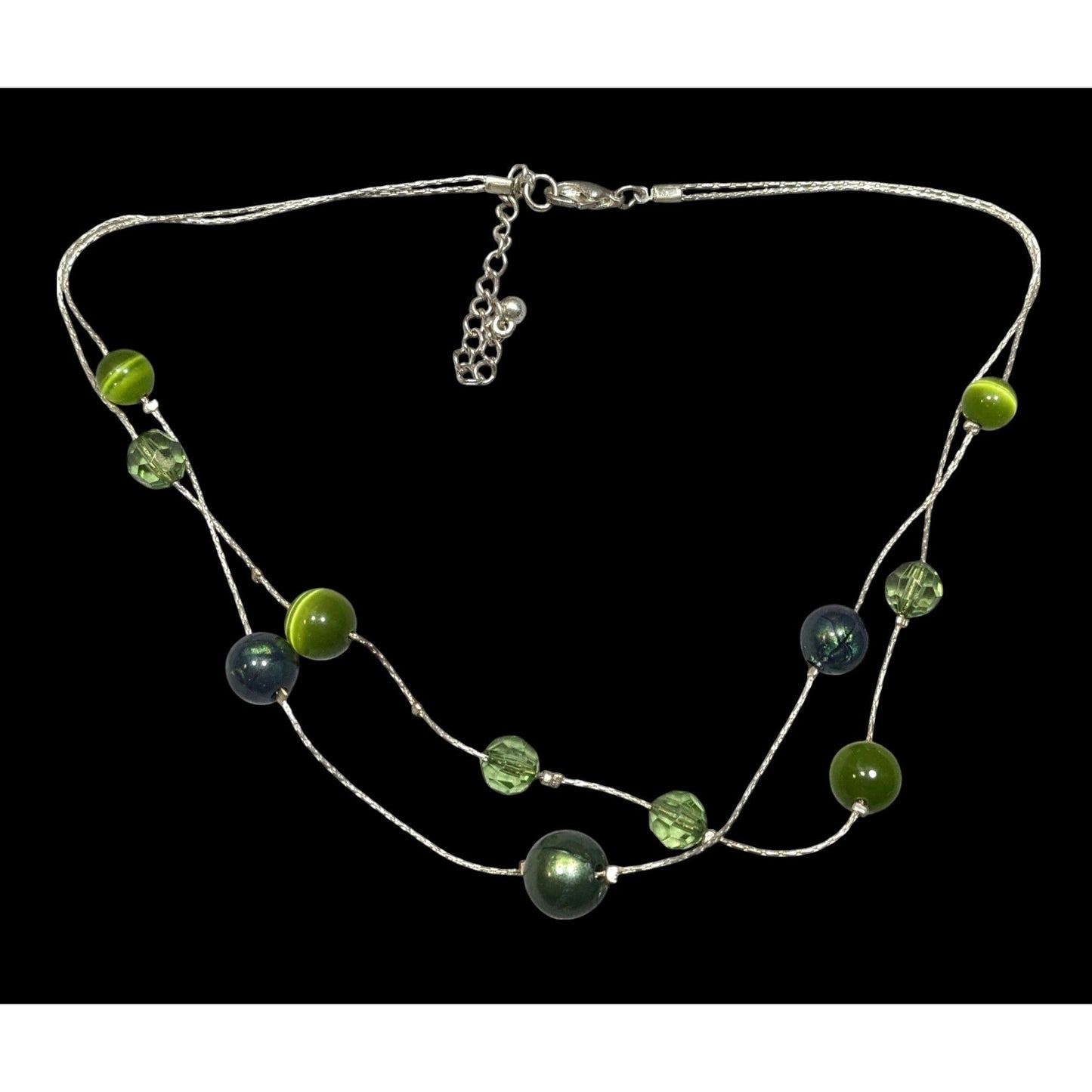 Whimsical Layered Green And Silver Tone Station Necklace